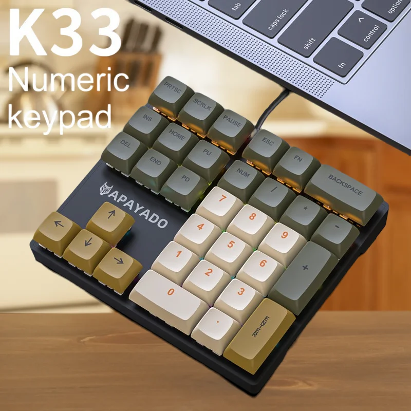 Apayado  k33 mekanisk numerisk tastatur med blå skaft, mini 33- -tasters pbt-tastehetter og livlige rgb-lys, skreddersydd for regnskap