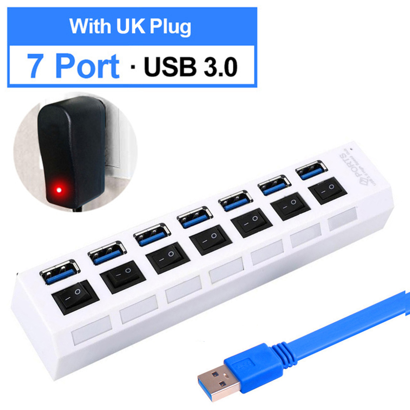 7 Port USB 3.0 Hub With Individual LED Power Switches For Macbook Pro Air Computer PC Laptop Accessories Cable Splitter Adaptor: 7 Port White UK