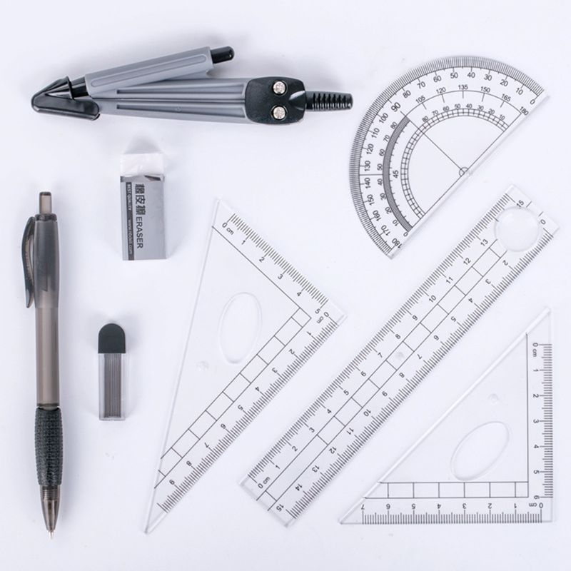 8 pçs/set portátil precisão geometria transferidor desenho bússola régua lápis essentials kit de ferramentas estudo matemática #917