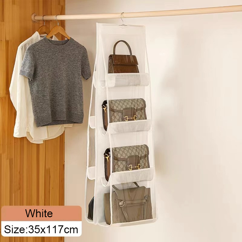 Handtaschenaufbewahrung, hängende Aufbewahrungstasche für Kleiderschrank, Schrank, Tür, Wand, transparent, staubdicht, mehrschichtig, faltbare Tasche, Organizer mit Aufhänger: Rosa