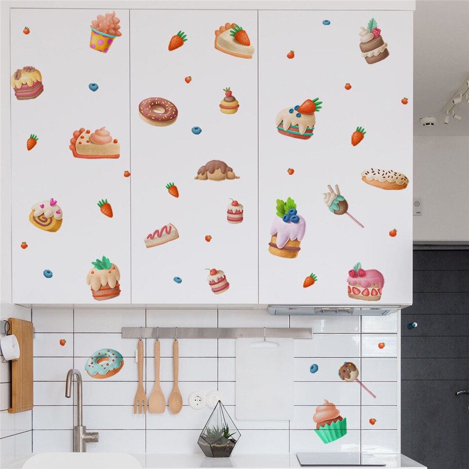 zollor Bread Cake Strawberry Donut Wall Stickers Kitchen Restaurant Window Background Decoration PVC Stickers