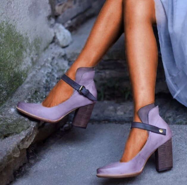 Kvinder sko sandaler sommer højhælede sko spænde pu læder gladiator luksus sko kvinder designere zapatos de mujer  e37: Lilla / 8.5