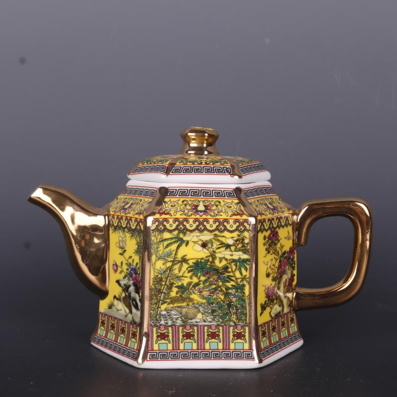 Qing qianlong målad guld emalj blomma och fågel tekanna antikt porslin antik teceremoni prydnad antik samling