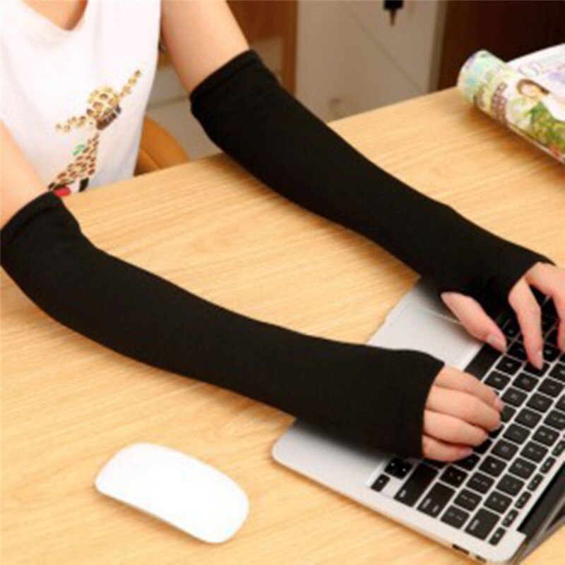 Kvinder piger strikkede fingerløse lange handsker striber trykt over albuen længde vinter elastisk arm varmere ærmer med tommelfinger hul