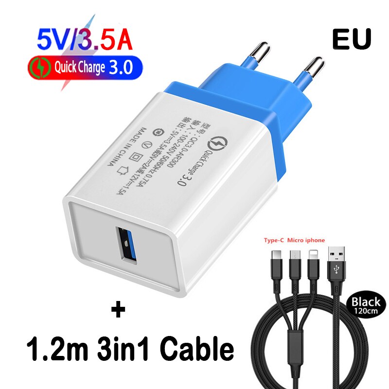 18W US EU Portable Mobile Phone Charger QC 3.0 Fast Charger Adapte For iphone Samsung Huawei Xiaomi: EU 3in1 Cable Blue