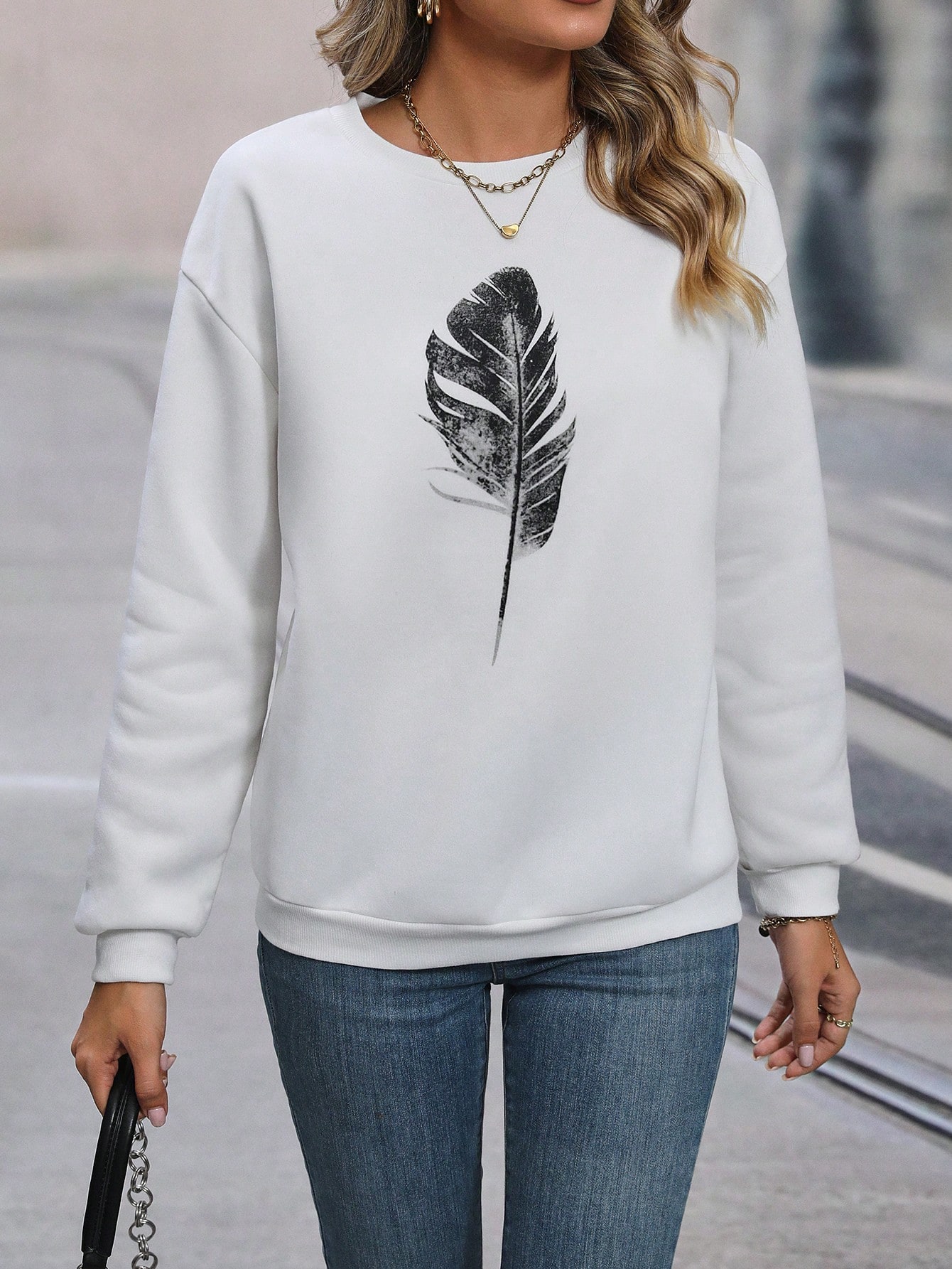 Eenvoudige Kunst Veren Print Sweatshirt Voor Dames Casual Street Style Tops Ronde Hals Mode Hoodies Herfst Fleece Dameskleding
