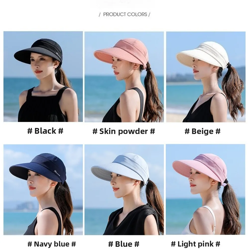 Sombrero de sol de ala ancha para mujer, gorro de cola de caballo desmontable, tapa vacía, protección UV para pesca en la playa al aire libre, Color sólido, 1 ud.