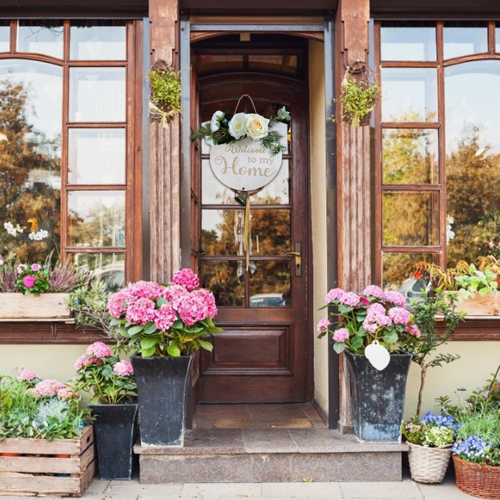 Garden Welcome Sign Wood Flower Wreath Spring Wedding Hanging Front Door Sign Welcome Wall Sign Home pendant Decoration