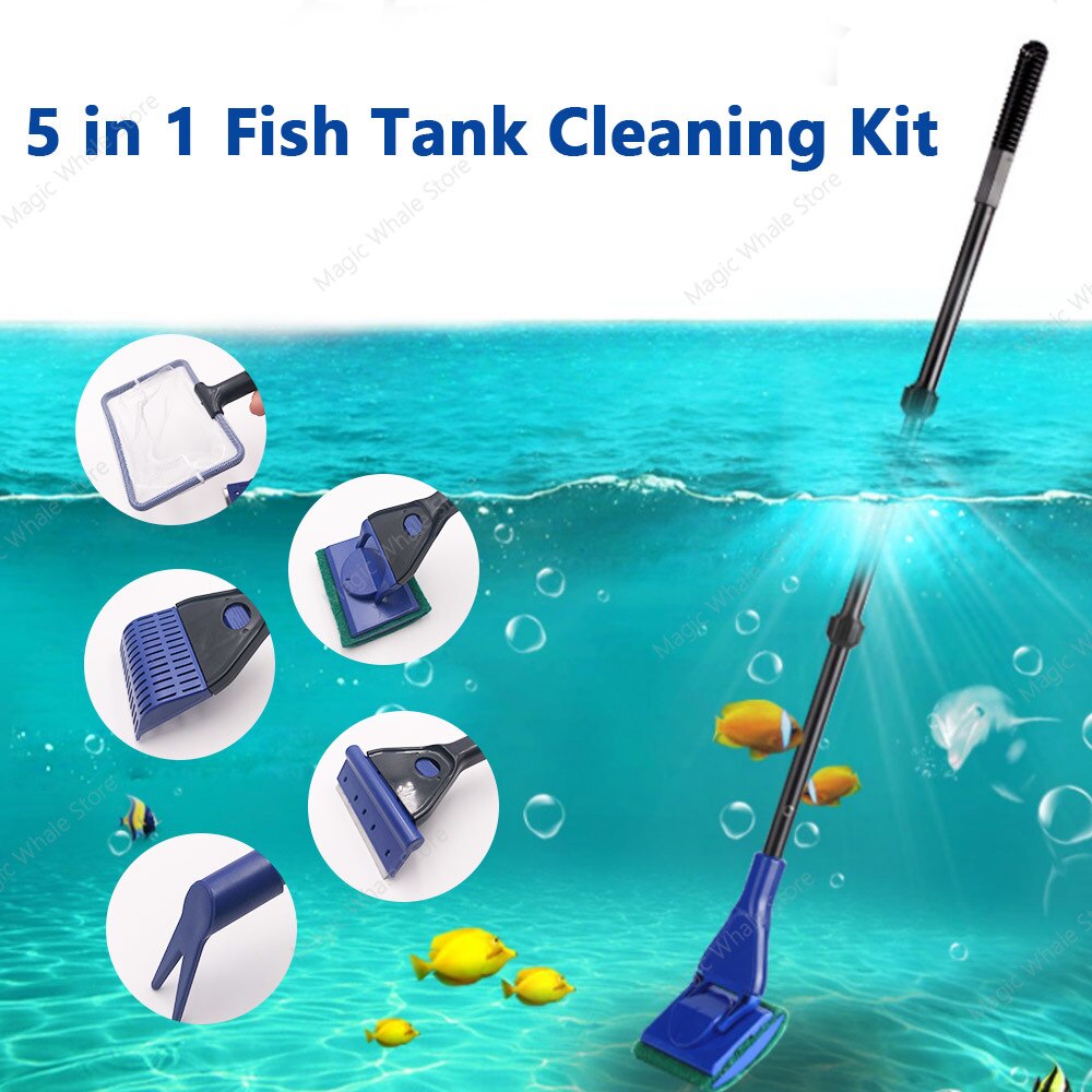 Fish Tank Cleaning Tools 5 in 1 Aquarium Clean Set Fish Net Gravel Rake Algae Scraper Fork Sponge Brush Glass Cleaner Tools Kit