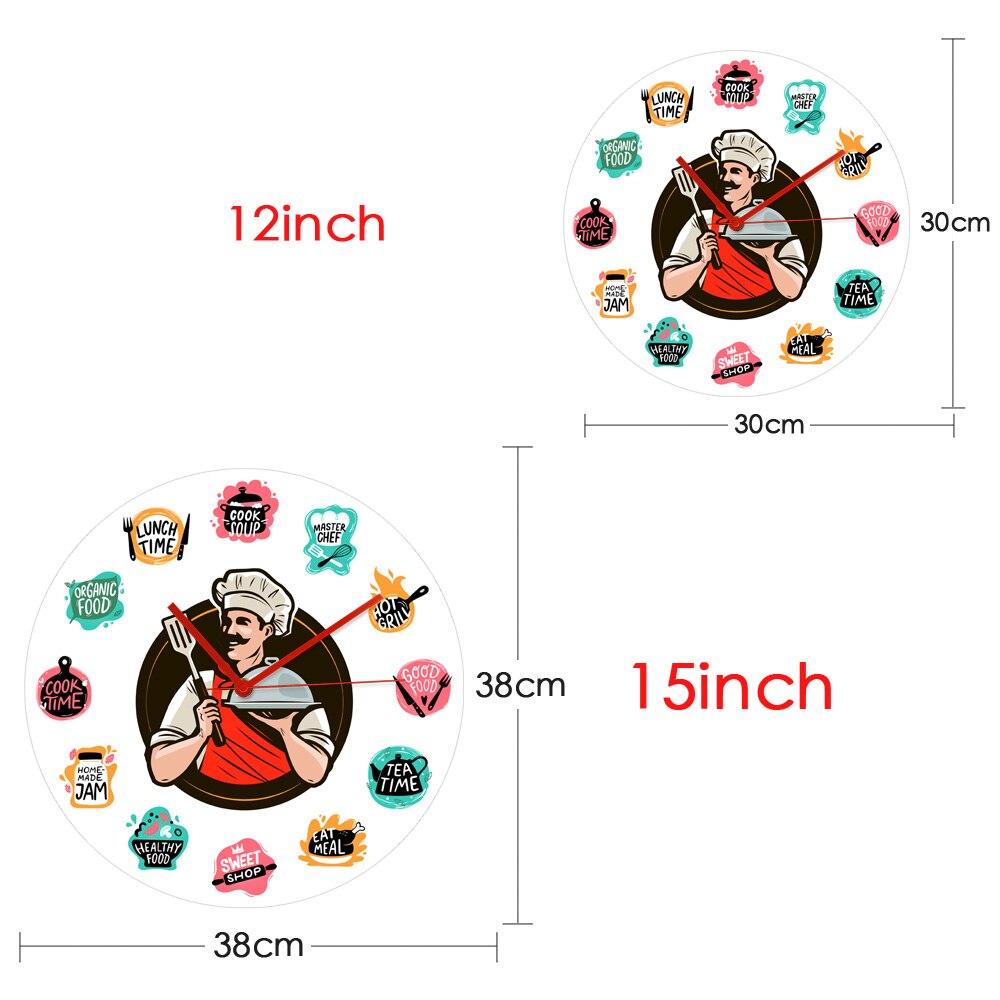 Cooking Food Baking Foods Wall Clock Kitchen Chef Holding a Tray Restaurant Decorative Wall Hanging Watch Non Ticking Mechanism