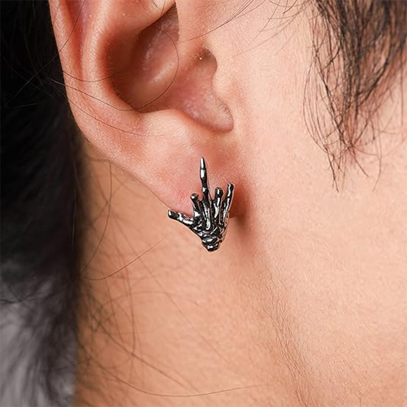 Jahrgang Silber Farbe Schädel Hand Mittelfinger Ohrstecker für Männer Frauen Punk Hüfte hüpfen Halloween durchbohren Ohrring Felsen Schmuck