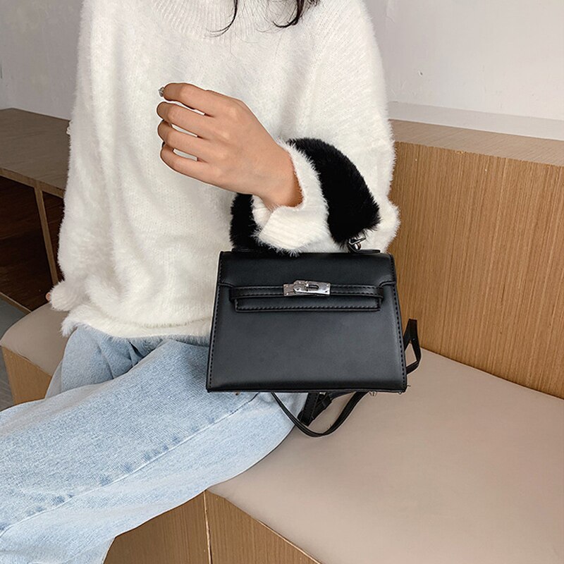 Faux Bont Handvat Kleine Pu Lederen Crossbody Tassen Voor Vrouwen Winter Trending Schouder Handtassen Vrouwen Eenvoudige Handtas