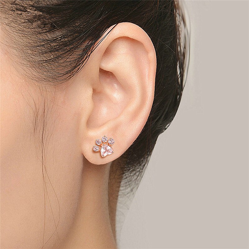 SIPENGJEL Cute Pink Zircon Cat Paw Earrings Trend Bear And Dog Paw Pink Claw Stud Earrings For Women Jewelry