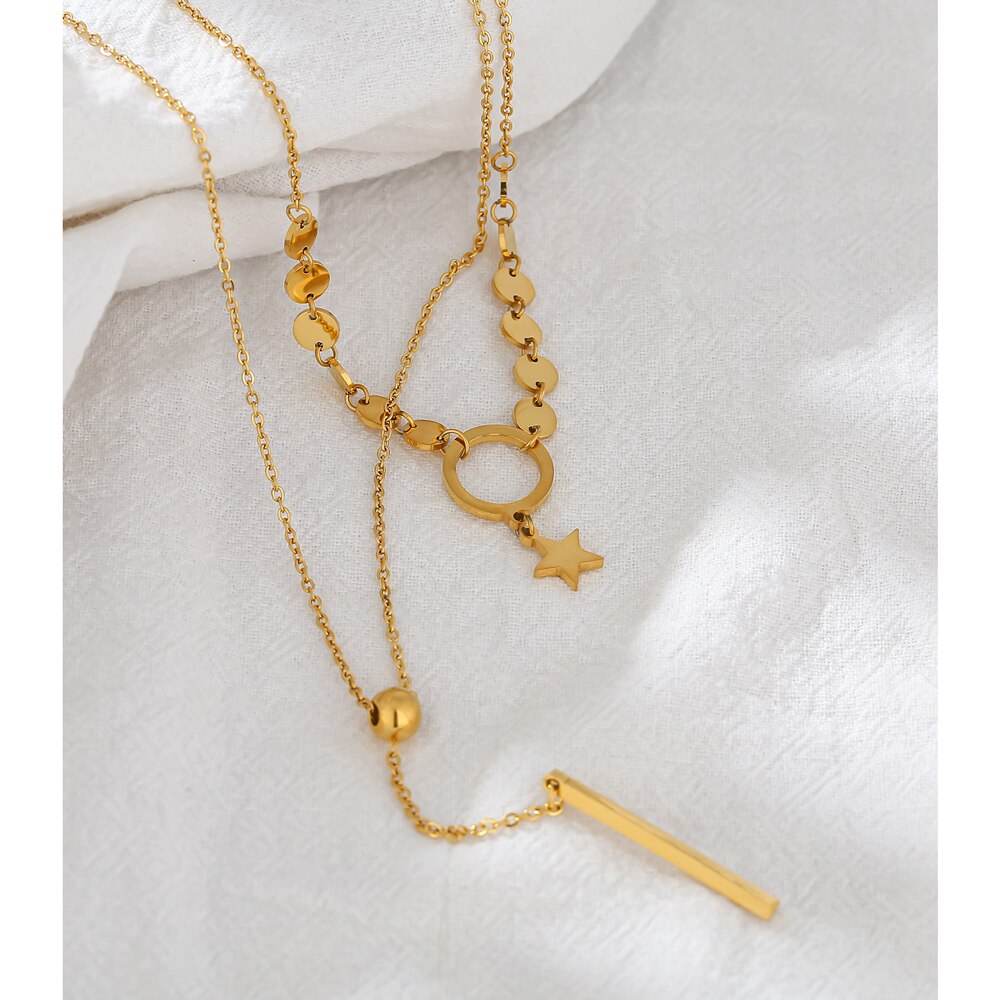Yhpup Stylish Layered Cylinder Pendant Chain Necklace Charm Gold Metal Choker Stainless Steel Necklace collane donna statement