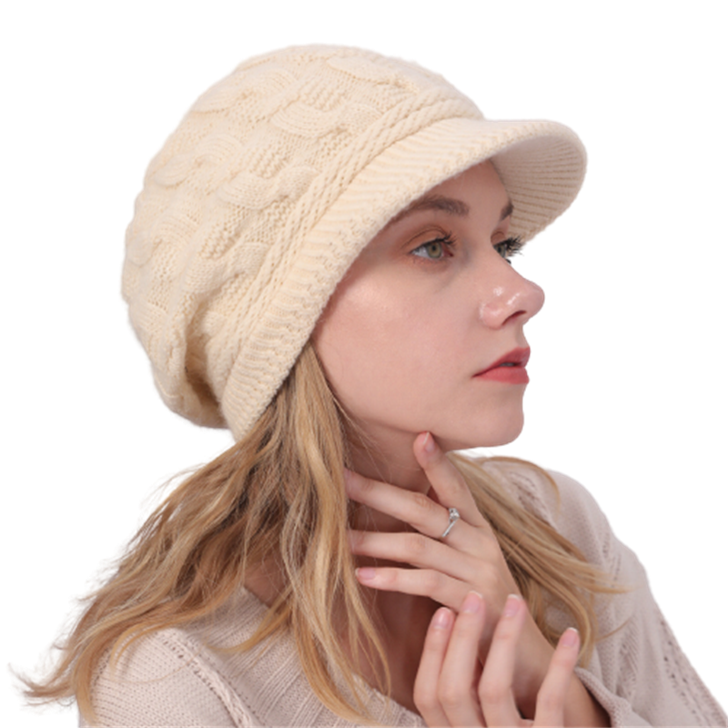 Gorros de felpa con visera de punto trenzado para mujer, boina informal a prueba de viento, Color liso, Otoño e Invierno