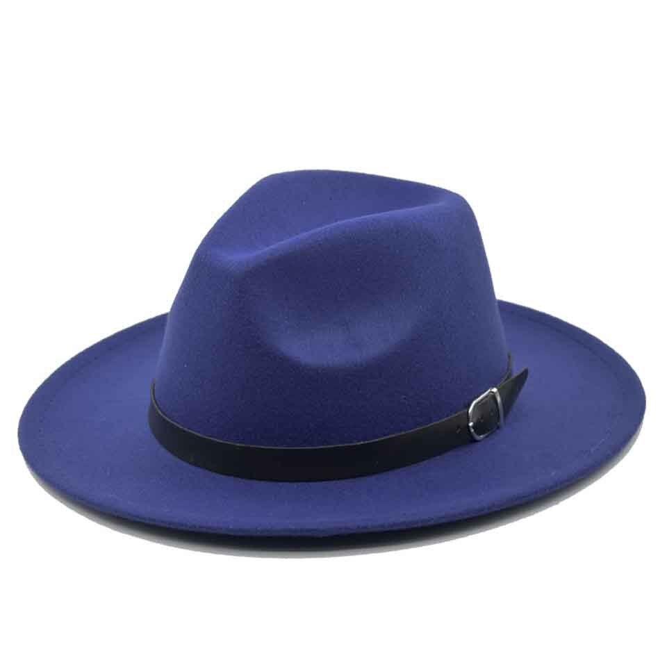 Klassieke Britse Fedora Hoed Brede Rand 8Cm Mannen Vrouwen Imitatie Wollen Winter Vilten Hoeden Mode Jazz Hoed Met Zwarte lederen Gesp: C0200-68