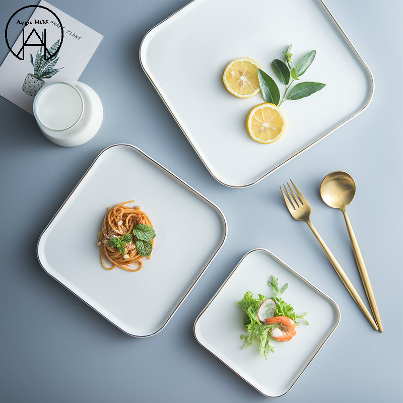 Plato cuadrado de cerámica dorada de estilo europeo, platos de cena, plato para carne de uso doméstico, contenedor de vajilla, bandeja plana, platos para Pasta