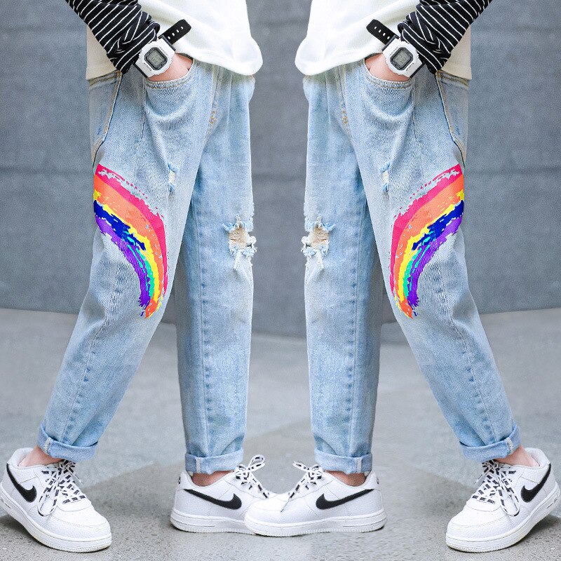 Pantalones vaqueros con estampado de arcoíris para niños, Jeans informales, rasgados, ropa de para niños de 3 a 12 años, primavera 2022