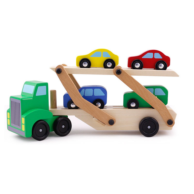 Nuovi giocattoli per ragazzi in legno Double Transporter Drag Toy Model + Four Car Model Toys regali divertenti per bambini