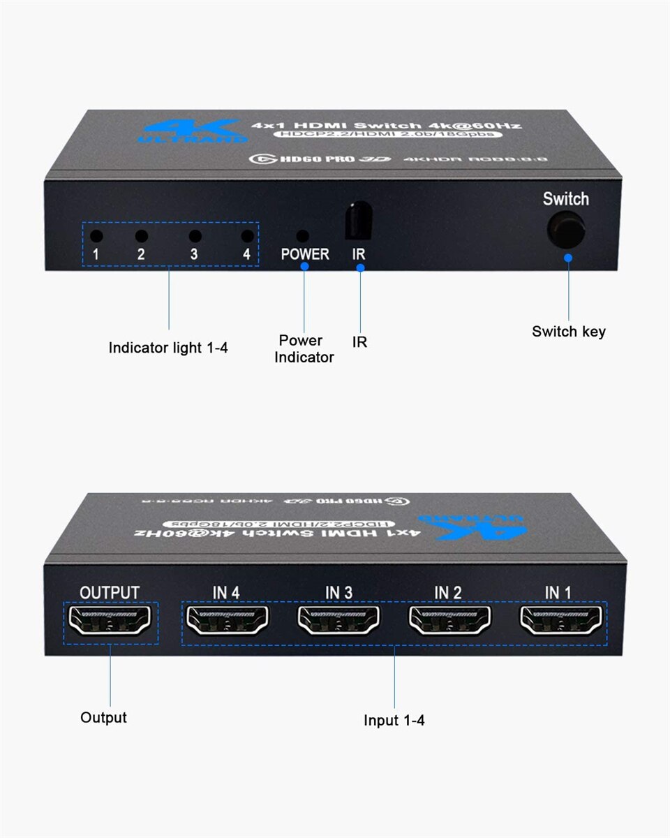 2022 Best 4K HDMI Switch 2.0 Support RGB 4:4:4 HDR HDMI Switch 4K 60Hz HDMI 2.0 Switch Remote IR UHD 4 Port HDMI Switch Switcher