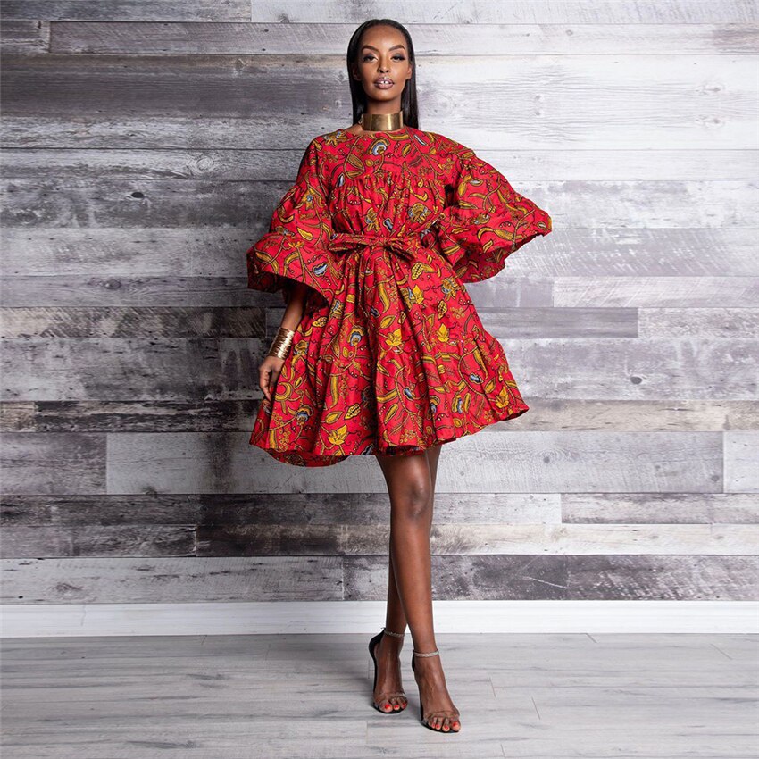 African Clothes News Autumn Traditional Dashiki Print Bazin Lace Wax Ruffle Sleeve African Dresses for Women Party