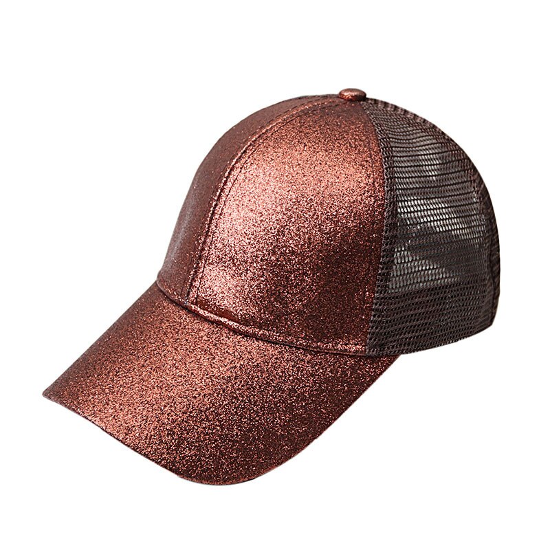 Esportes ao ar livre masculino e feminino lantejoulas fluorescente boné de beisebol abertura traseira rabo de cavalo glitter malha boné pato língua chapéu: Brown