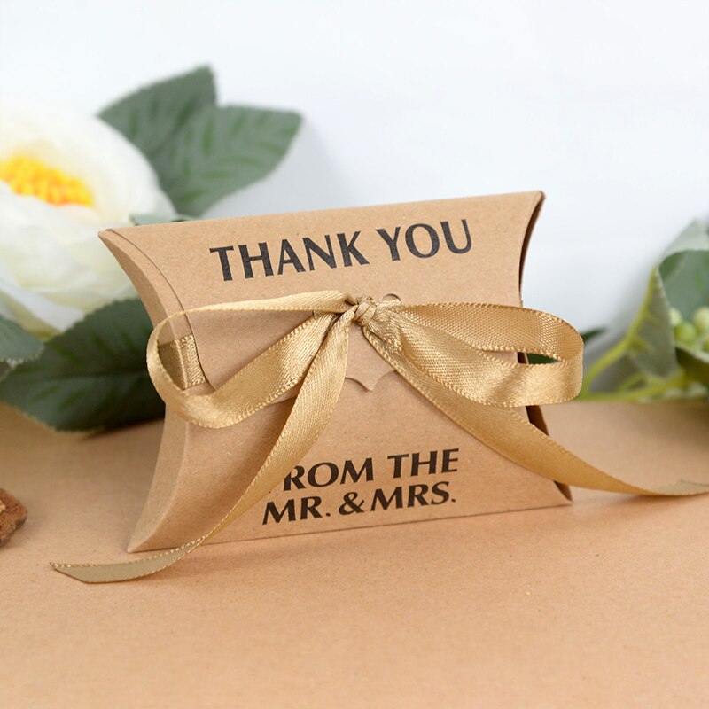 10/20Pcs Pillow Candy Case Cute Kraft Paper Thank You Boxes With Ribbon For Wedding Favors Packaging Boxes Decorations