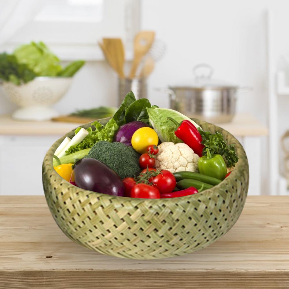 Bambu tallrik handgjorda vävda förvaringskorg matvaror rund förvaringslåda fruktfat snacks skrivbord arrangör torkning soptunna bur