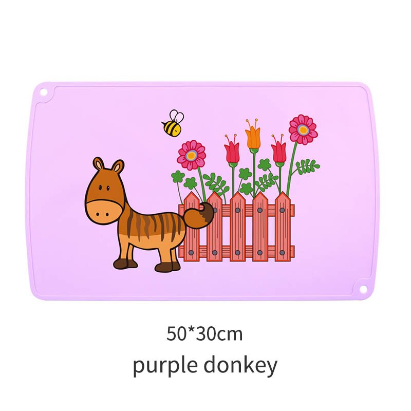 Kids Table Placemats Cartoon Animal Print Waterproof Food Grade Silicone Non-slip Table Mats Anti-scald Baby Feeding Pad 30*50cm: purple donkey