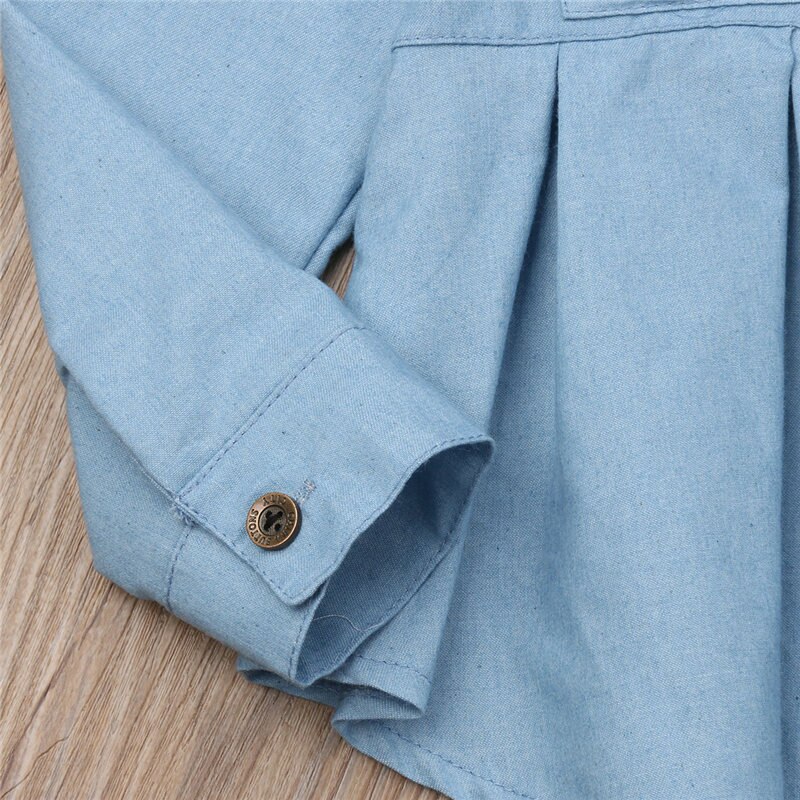 Stylish Girls Blouse Kids Autumn Solid Blue Long Sleeve Ruffles Button Denim Shirt Princess Children Girl Top 3-12T