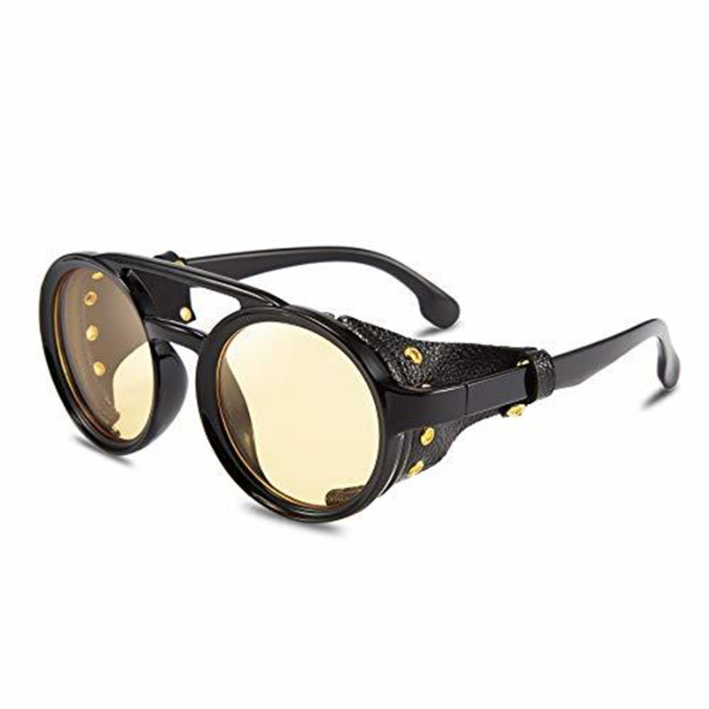 Cool&Ku Retro Round Steampunk Sunglasses Women Men Vintage Eyewear Light Plastic Frame with Leatherwear