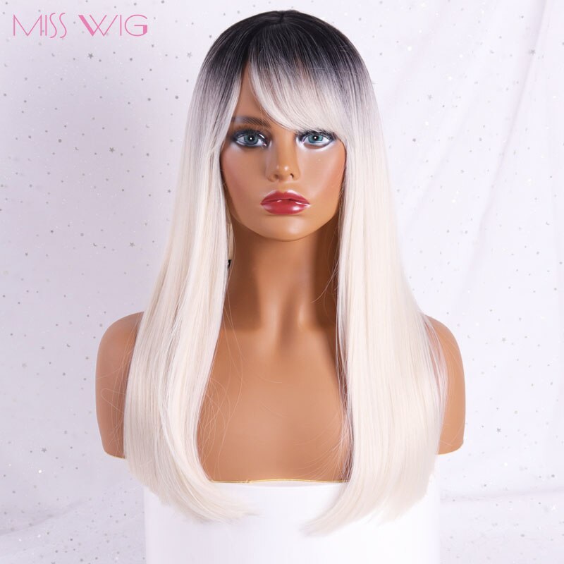 LISI CAPELLI Medio Parrucca Capelli Lisci con Frangetta Miscela Ad Alta Temperatura Dei Capelli Sintetica Resistente Bianco/nero Delle Donne: T1B/613