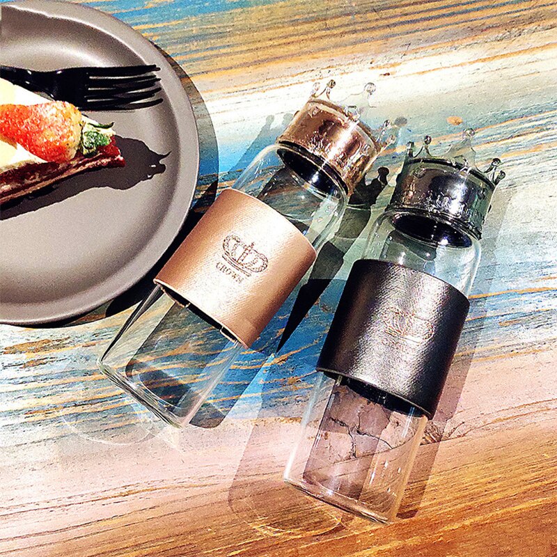 Glass Water Bottle With Crown LId Black Golden Portable High Borosilicate Heat Resistant Sports Water Bottle