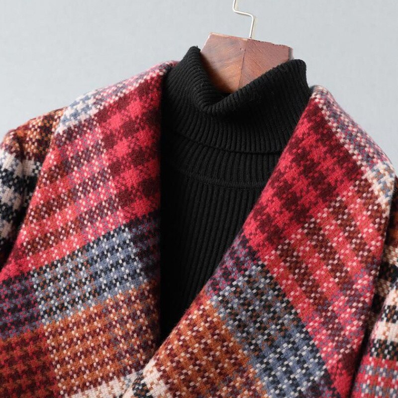Plaid Wolle Tuch Mantel Frauen Herbst Winter Gürtel Schlank groß drehen-unten Kragen Lange Jacke lässig outwear KW338