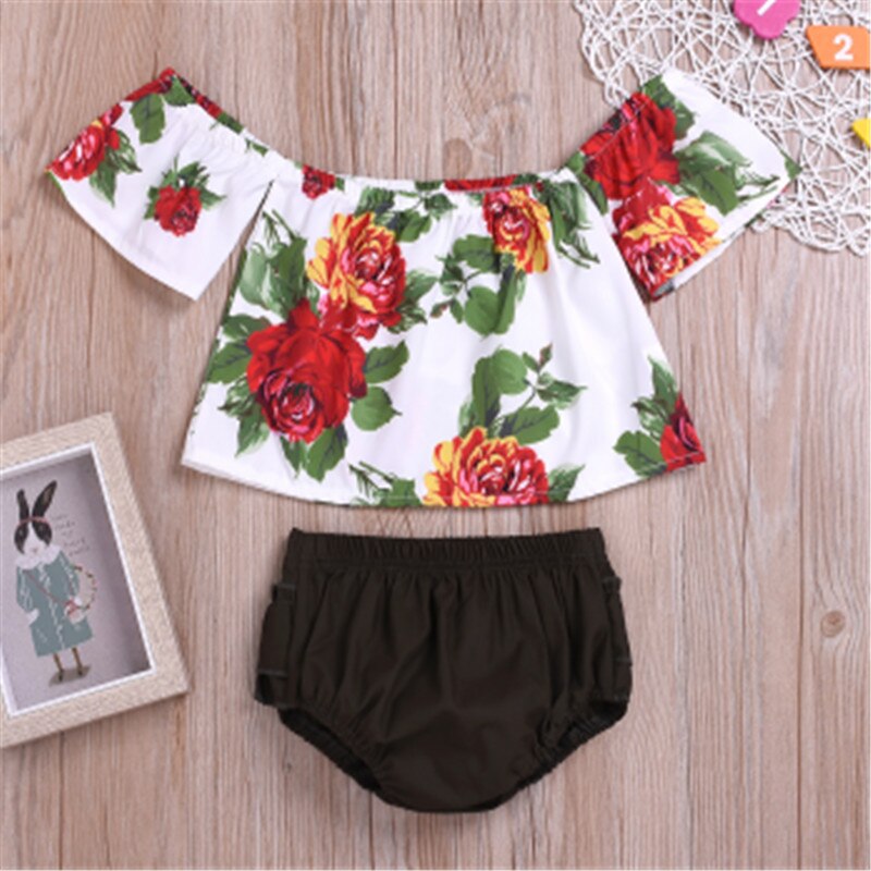 0-24M Newborn Baby Girl's Two Piece Suit Flower Printed Baby Off Shoulder Top Ruffle Skirt Shorts for Toddlers White Summer