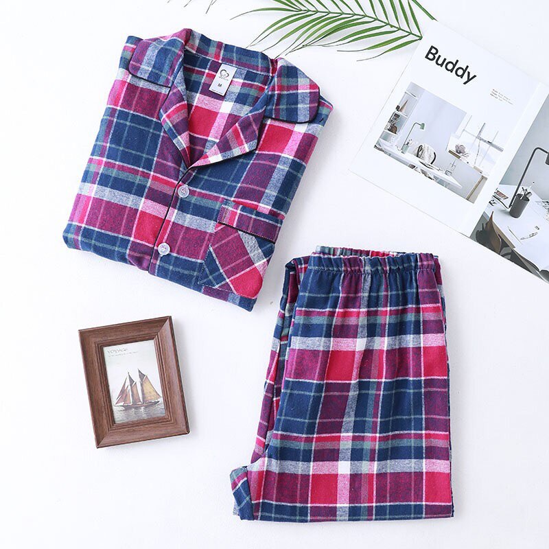 Höst vinter herr rad rutig pyjamas set komfort lös stor storlek nedfällbar krage sovkläder helärm+byxor 2 st hemkläder