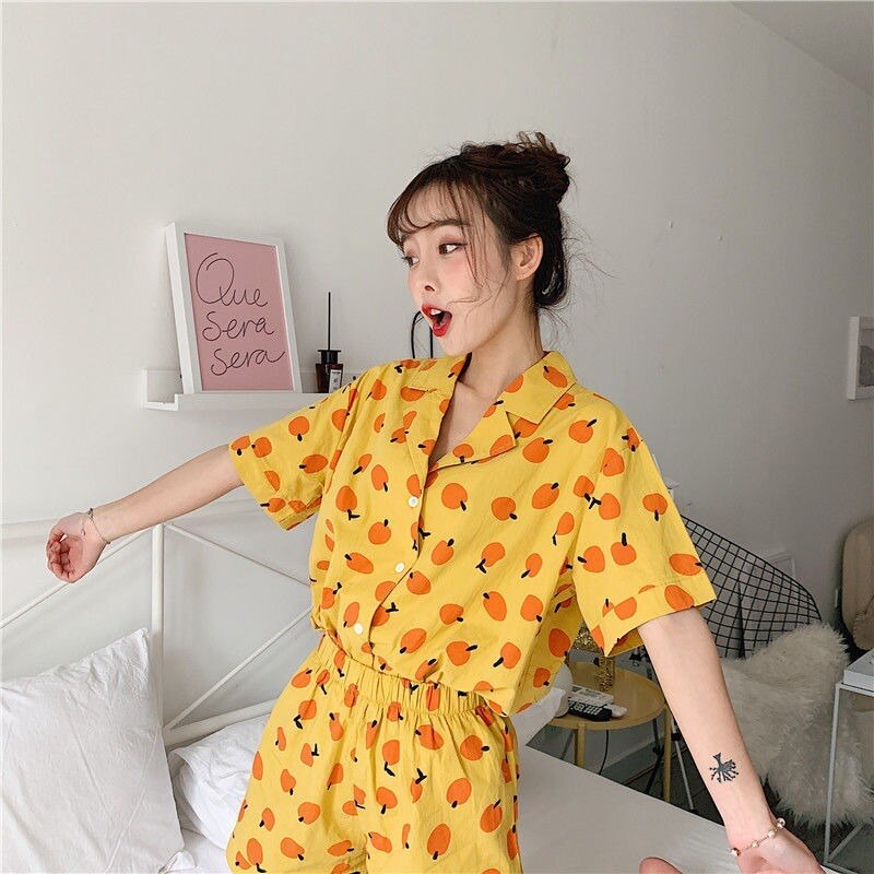 Korean Pajamas for Women Kawaii Room Wear Spring Summer Pyjamas Sweet Pijama Short Sleeve Home Suit Fruit Print Sleepwear