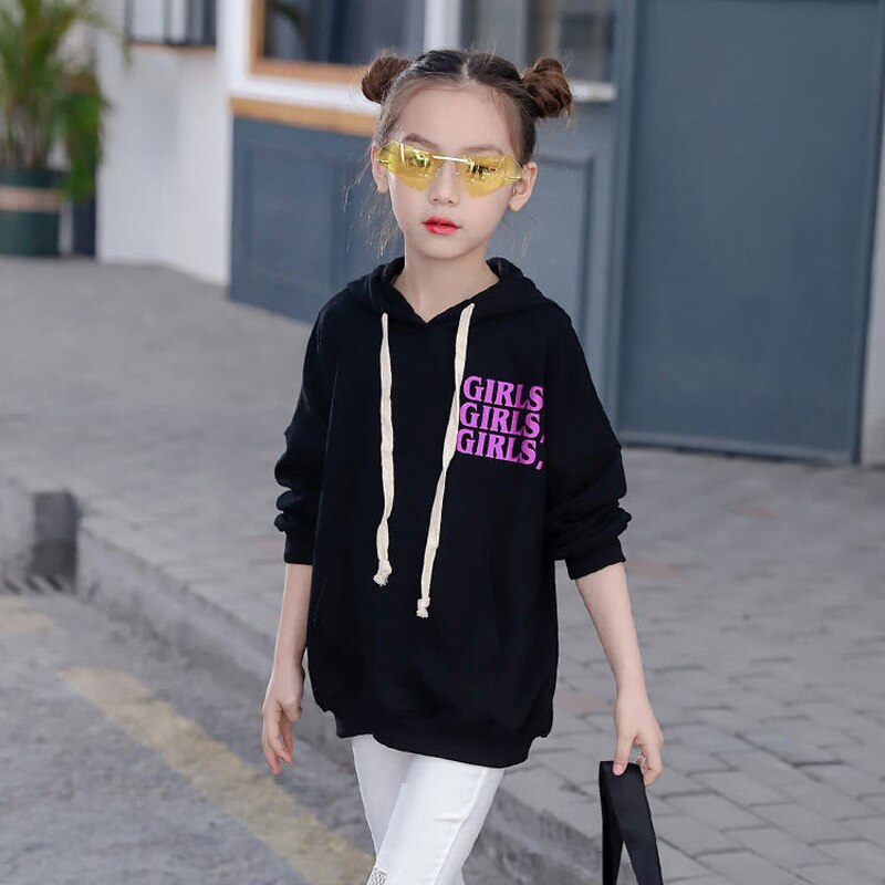 Grote meisjes hoodies katoen lente tienermeisjes letter print hoodies tops kinderen losse sweatshirts lange mouwen bovenkleding: Zwart / 8