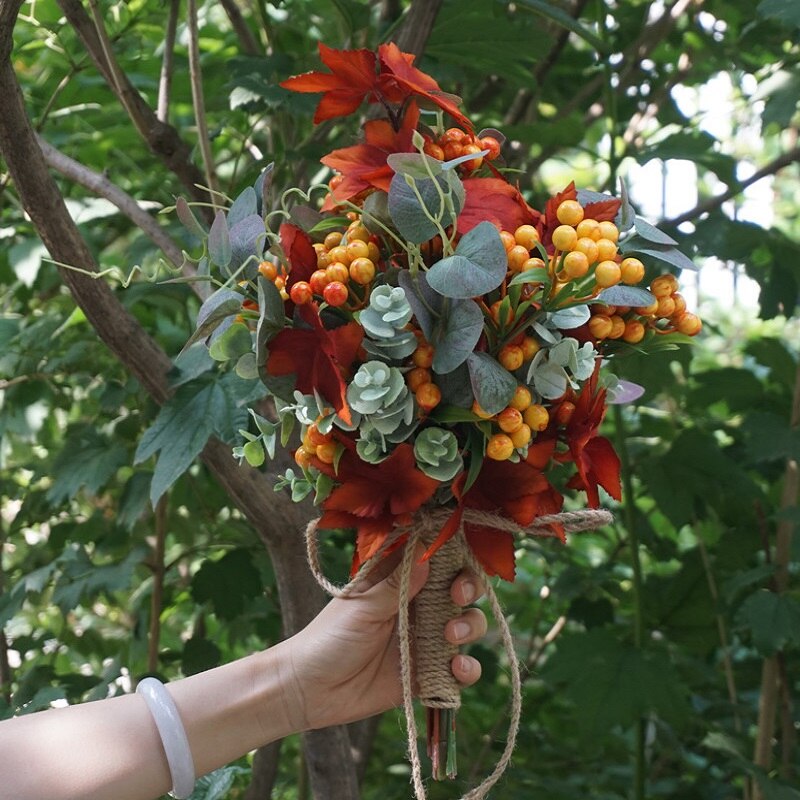 Fall Bridal Bouquet White Green Country Wedding Flowers Artificial Wildflowers Boho Wedding Studio Photo Holding Flowers