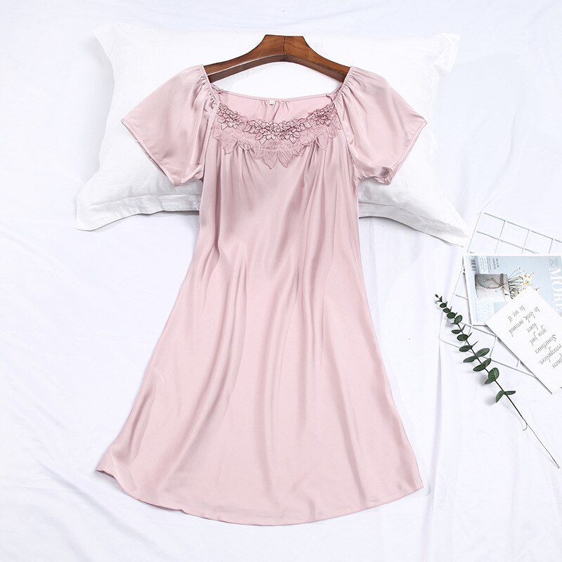 Zomer Korte Mouwen Vrouwen Zoete Nachtjapon Dunne Satijn Chiffon Losse Ongedwongen Nachtkleding: light pink / XL