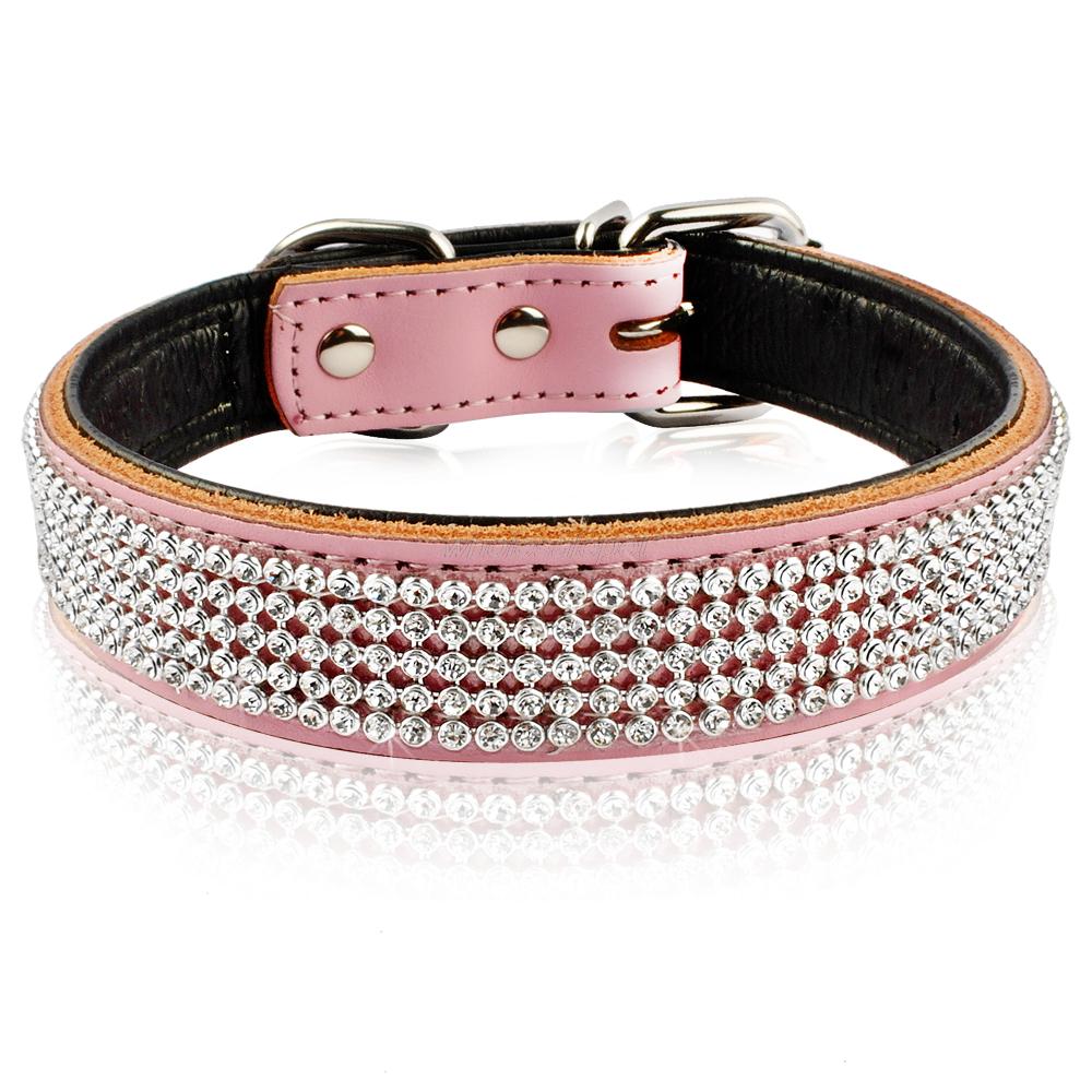 Bling Steentjes Halsband Lederen Halsband Diamante Crystal Pet Ketting Zachte Inner Gevoerde Voor Kleine Medium Grote Huisdier: Roze / S