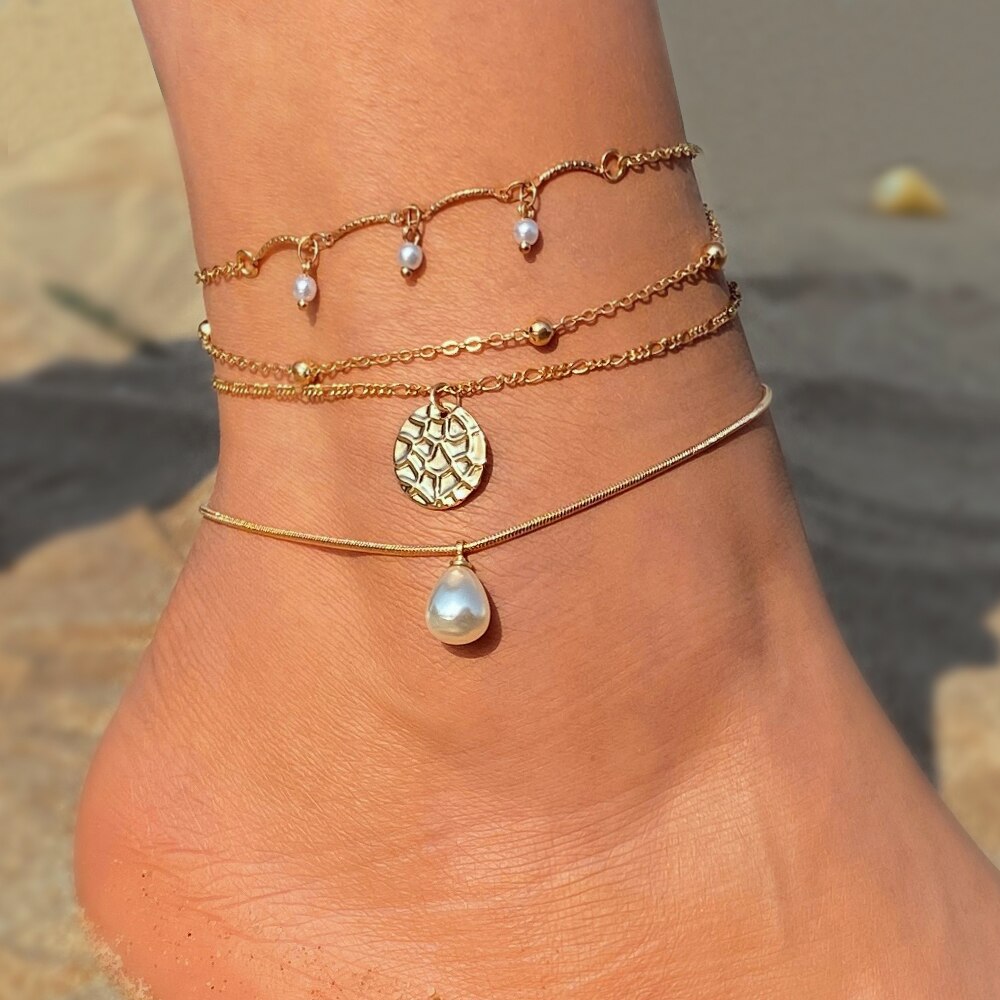 Mode Vrouwelijke Zomer Goud Kleur Enkelbanden Voor Vrouwen Pearl Chain Enkelbandjes Meisjes Barefoot Op Been Ketting Strand Sieraden 2022: IFK15214095