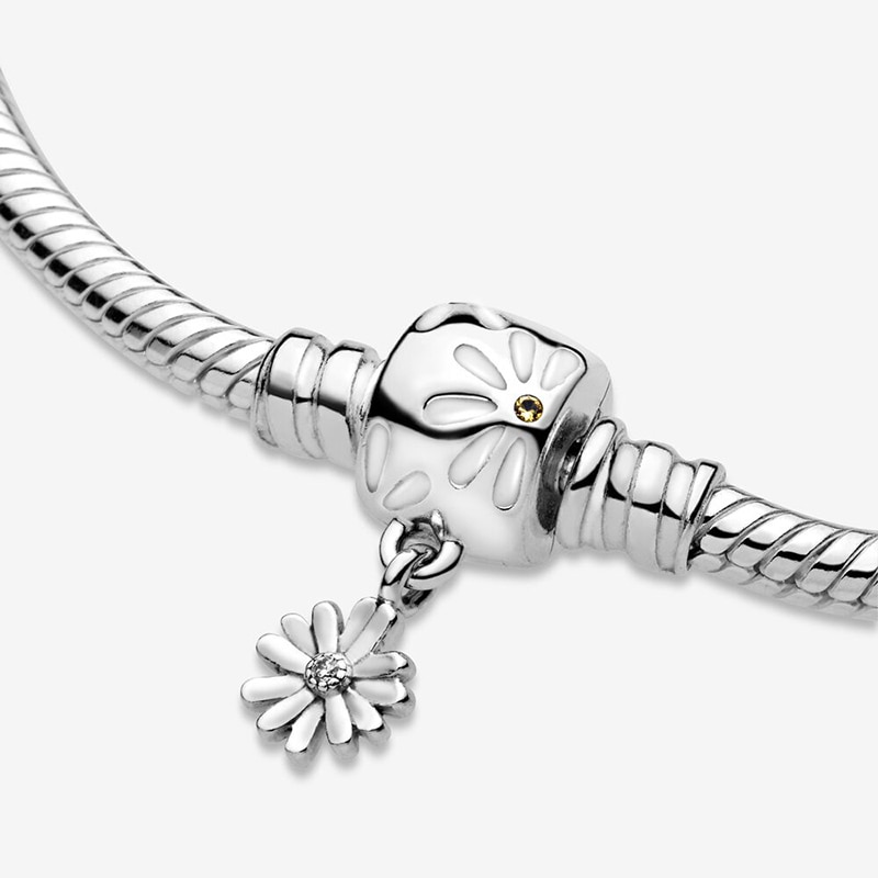 Pulsera de cadena de serpiente con broche de flor de Margarita plateada esterlina para mujer, joyería de plata de ley de cumpleaños para mujer