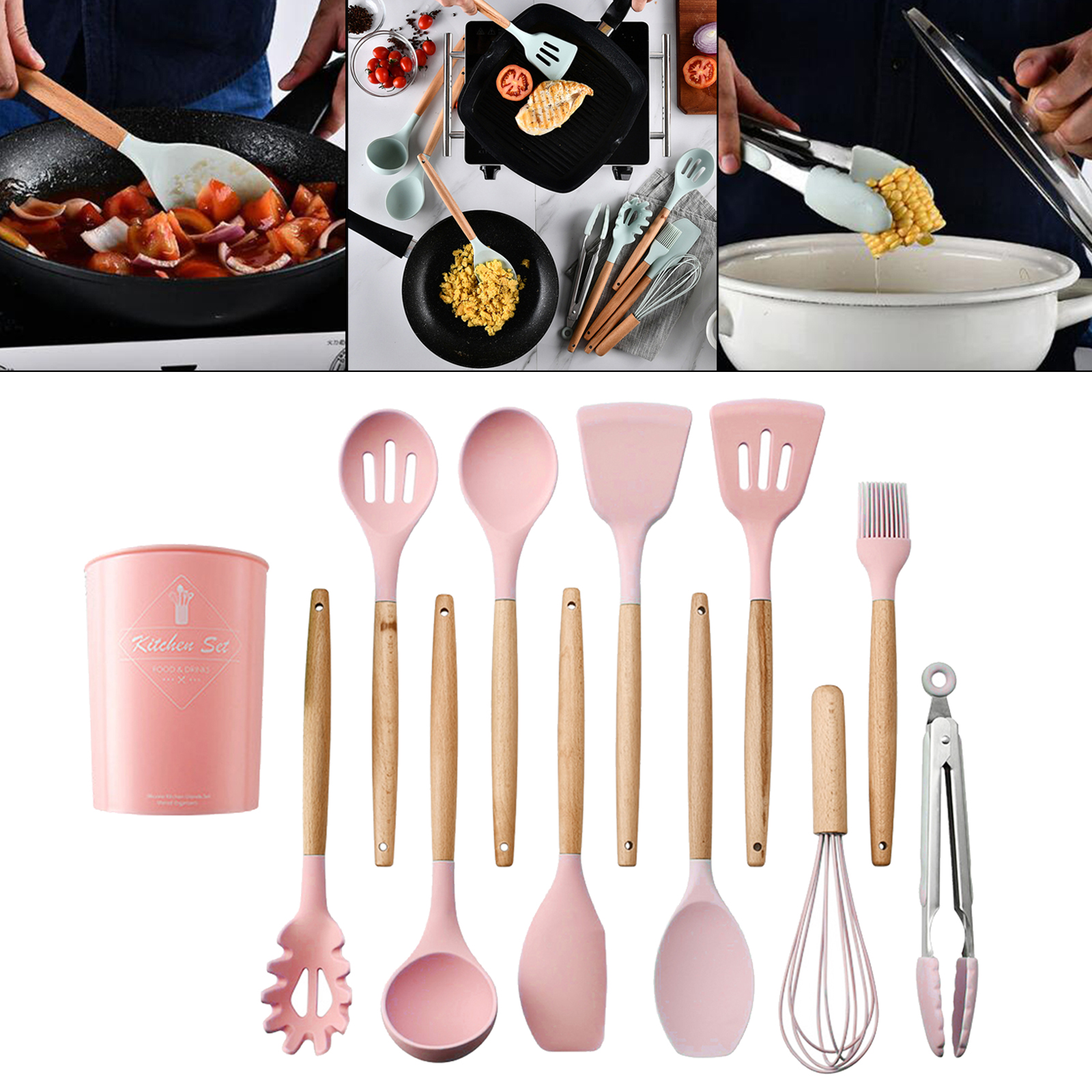 11PCS Nonstick Cookware Non Scratch Wooden Handle Anti-scalding Turner: Pink