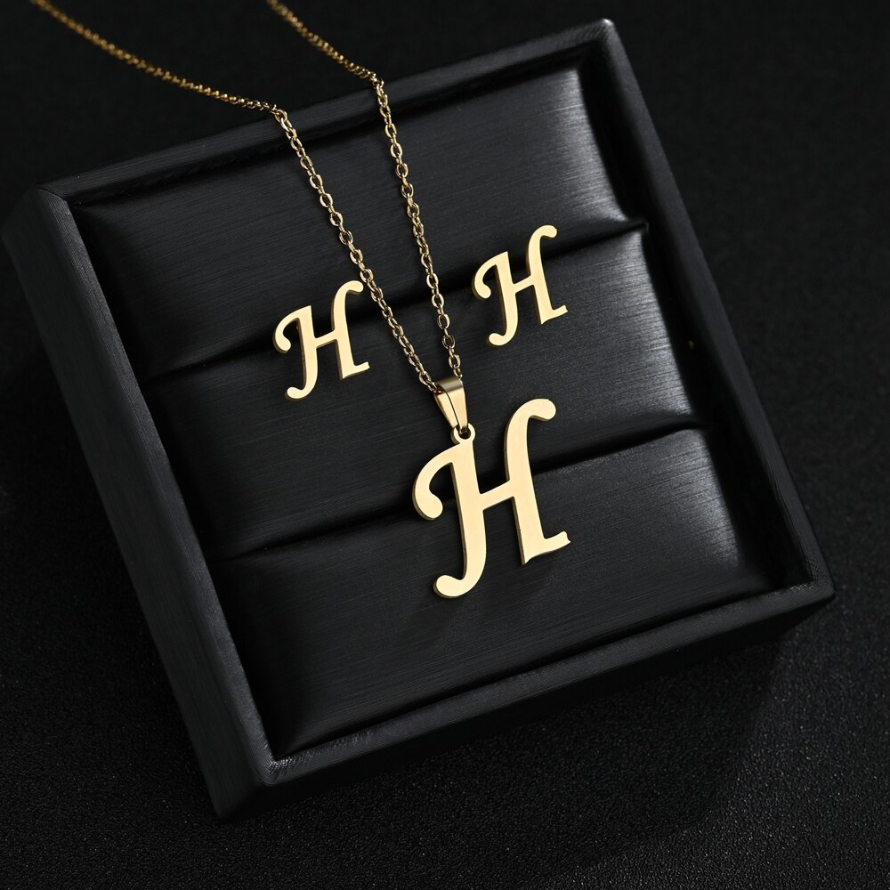 A-Z Edelstahl Ersten Halskette Und Ohrringe Schmuck Sets Alphabet Anhänger Kette Brief Zubehör: H