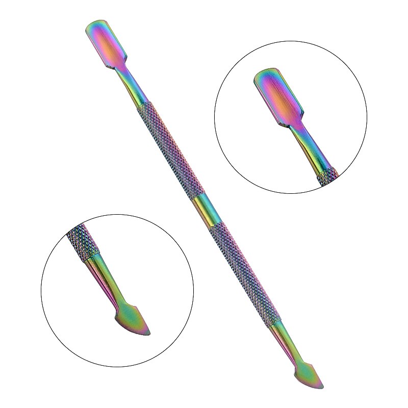Doble cara camaleón Arco Iris cutícula empujador tijeras pinza Picker acero manicura herramienta de Arte de uñas: Púrpura