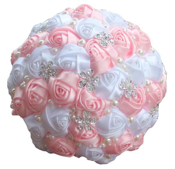 Janevini royal azul e branco cristal casamento bouquet diamante luxo frisado noiva flores fita de cetim rosa buquês de noiva 2020: Pink and White