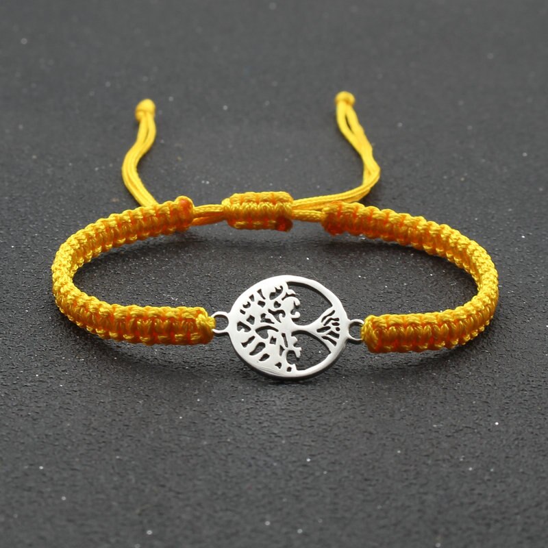 Pulsera de cuerda hecha a mano para hombre y mujer, brazalete de acero inoxidable con colgante de árbol de la vida, ajustable, para pareja: Yellow