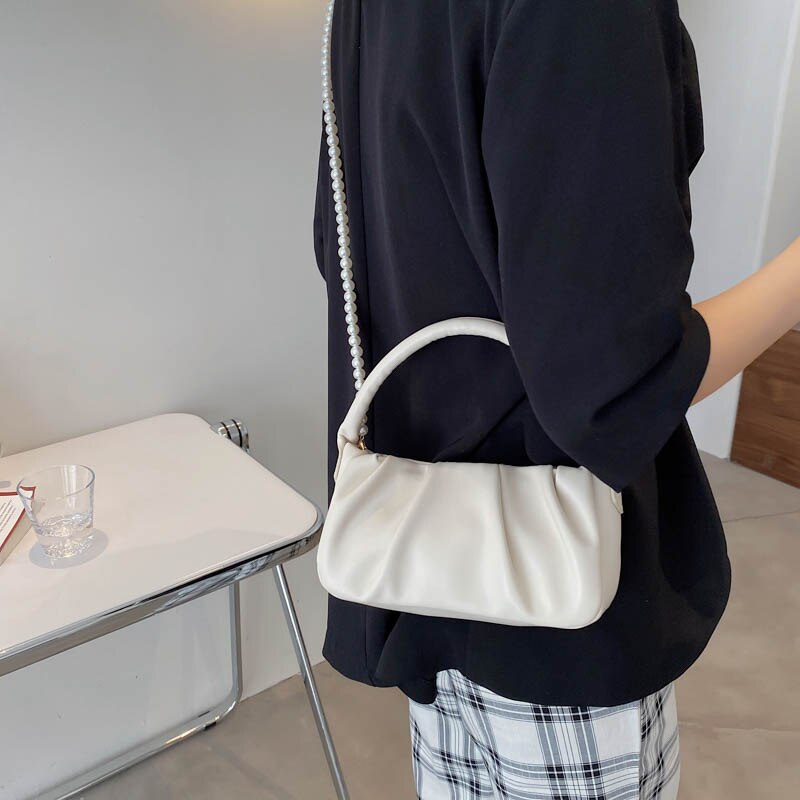 Soft Leather Crossbody Bags for Women Simple Ladies Brand Trend Beading Chain Shoulder Handbags and Purses Female Tote