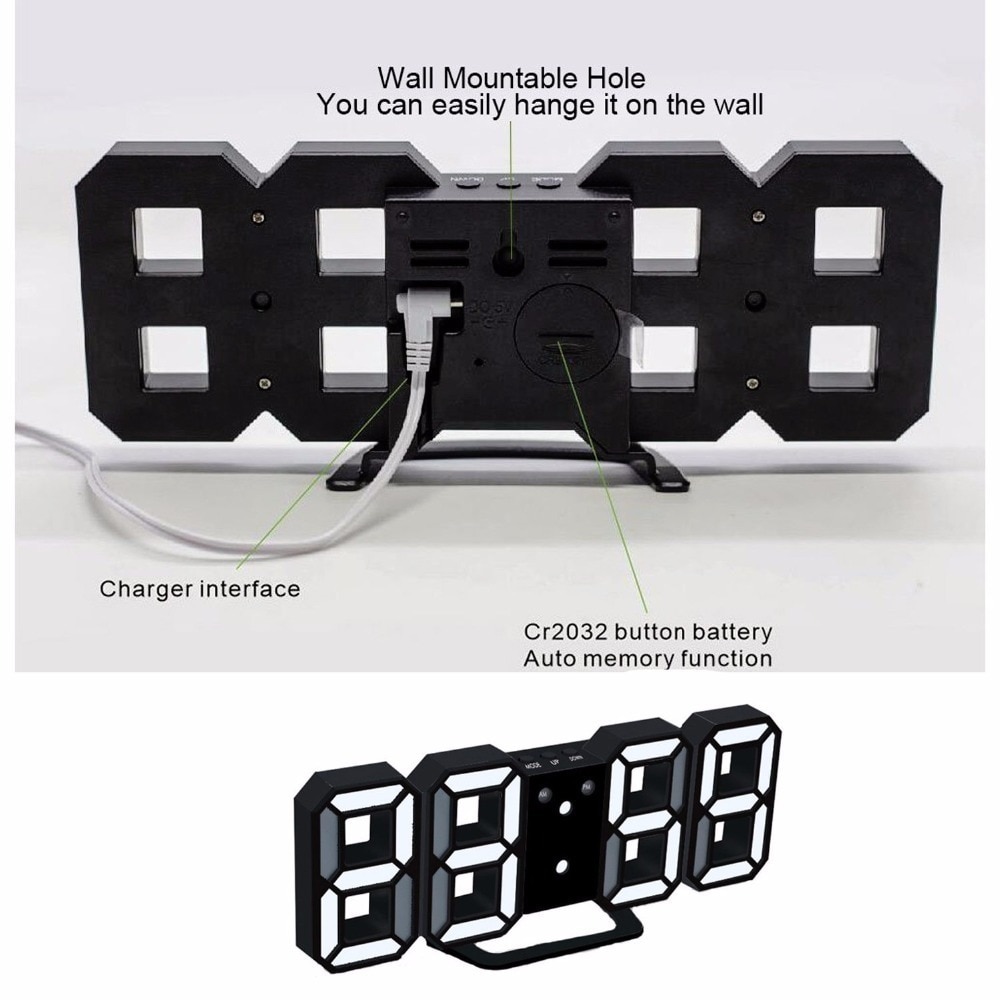 Relojes con alarma digital LED, reloj de pared 3D de dígitos grandes, 8 formas, estante para reloj electrónico, reloj Nixie, reloj, Mural Horloge en la pared del hogar